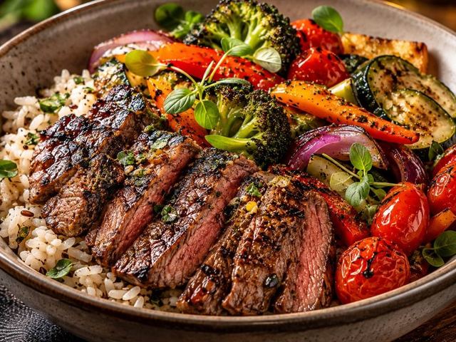 Bowl de carne, arroz y vegetales