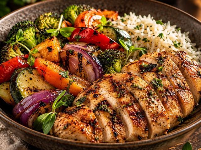 Pollo grillado con arroz y vegetales